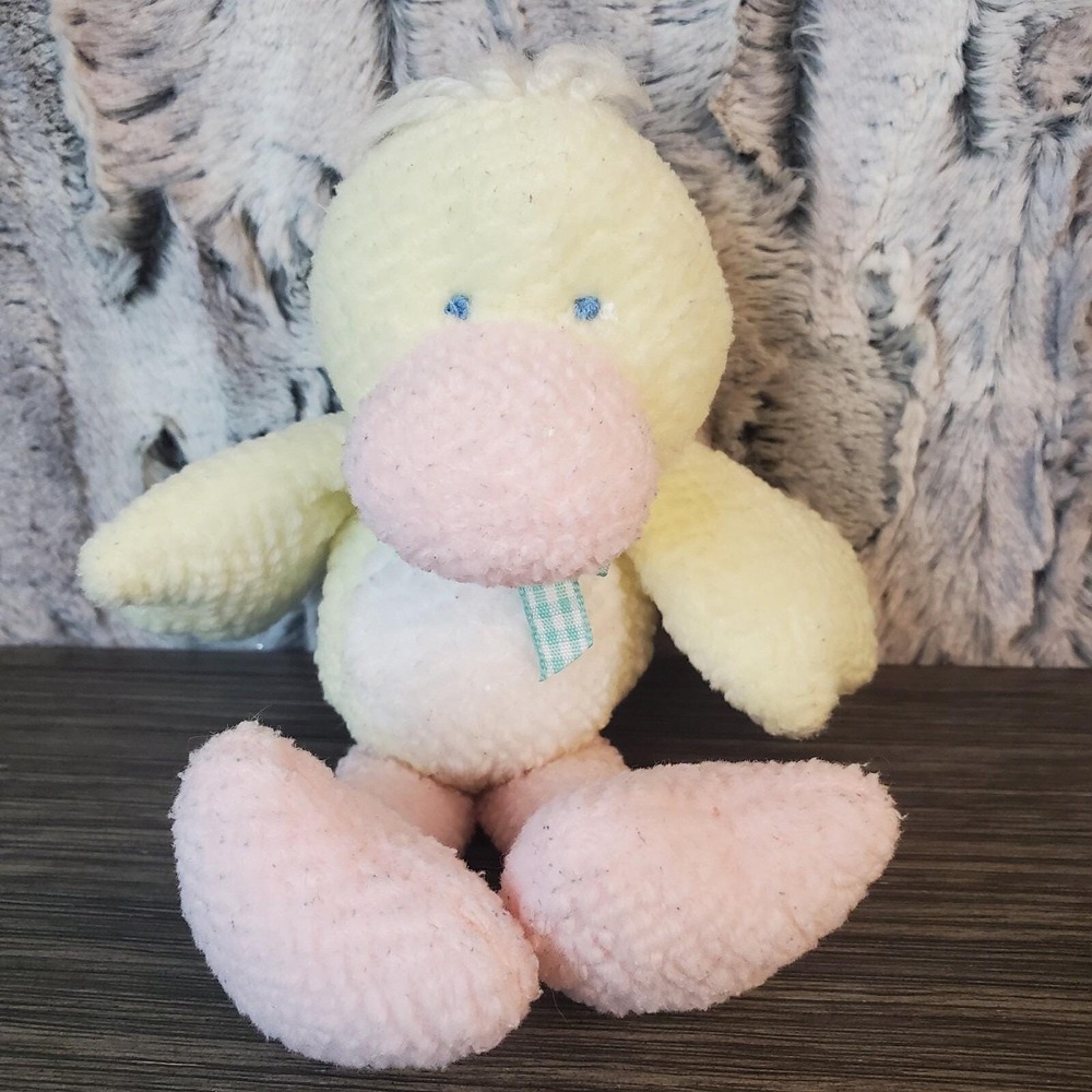 Vtg Soft Dreams Terry Cloth RATTLE ‎ Duck 7" Plush Gingham Bow Lovey Easter